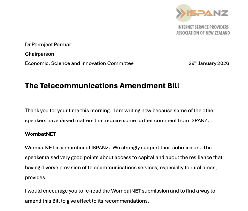 Letter regarding telecommunications amendment bill