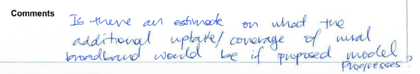 Handwritten note from Hon Ginny Andersen on a 10 March 2023 ministerial briefing, asking whether there is an estimate of the additional uptake or coverage of rural broadband that would result from the proposed 3.30 – 3.34 GHz spectrum assignment model.