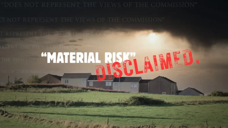 Featured image for Week 2 of the Rural Blind Spot series. Rural houses under a stormy sky, overlaid with the words "Material Risk" and "Disclaimed", with the phrase "does not represent the views of the Commission" repeated faintly in the background.
