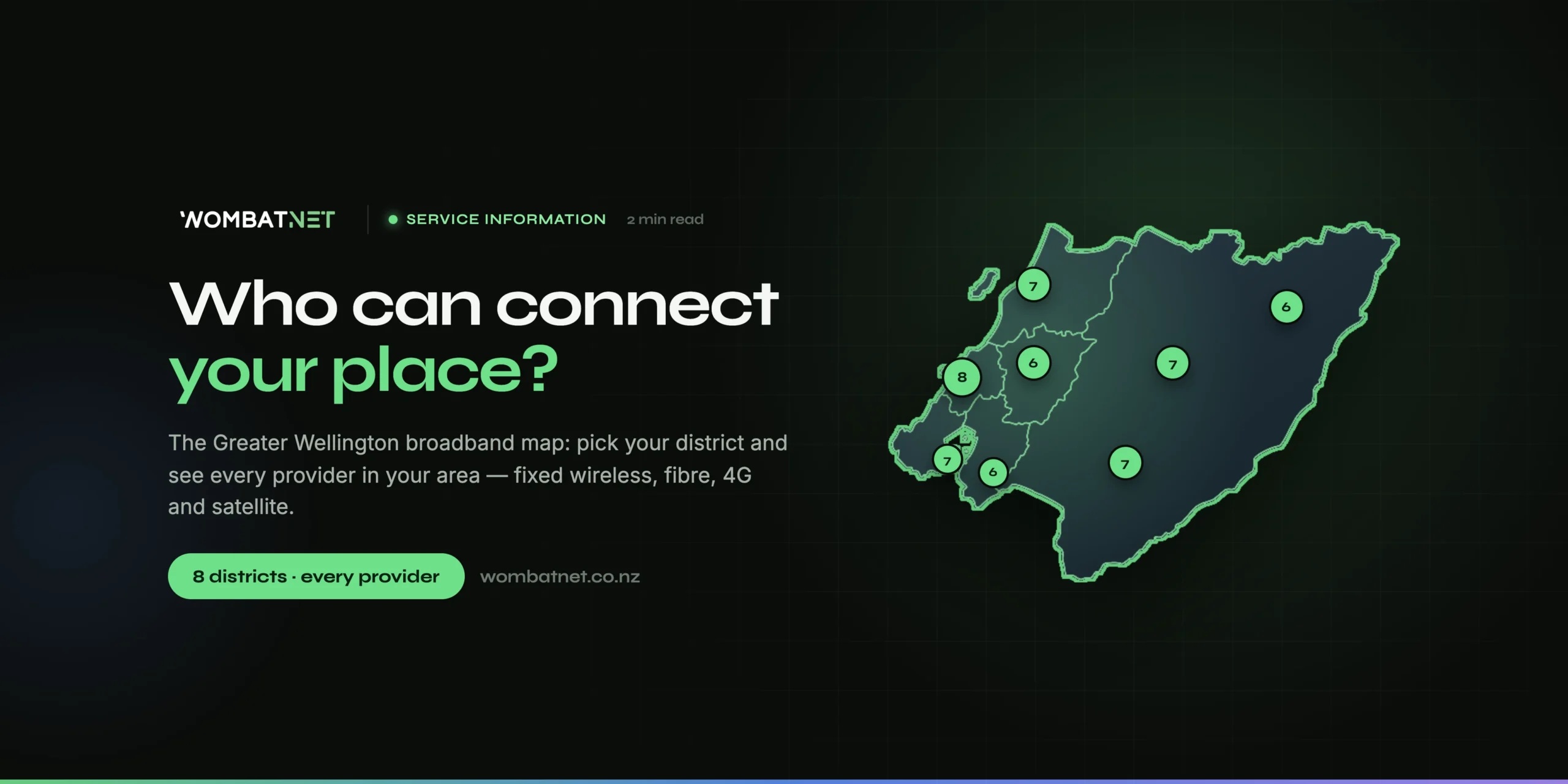 WombatNET blog header reading 'Who can connect your place?' beside a stylised map of Greater Wellington showing broadband provider counts across eight districts.