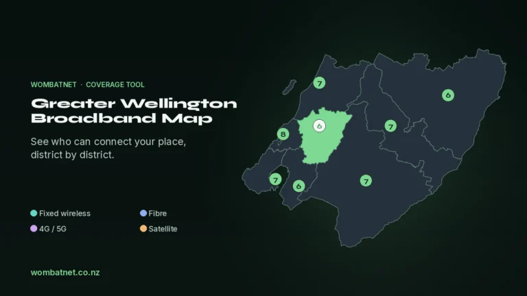 Wide dark map of the Greater Wellington region with a green marker on each district showing how many broadband providers serve it, titled the Greater Wellington Broadband Map by WombatNET.
