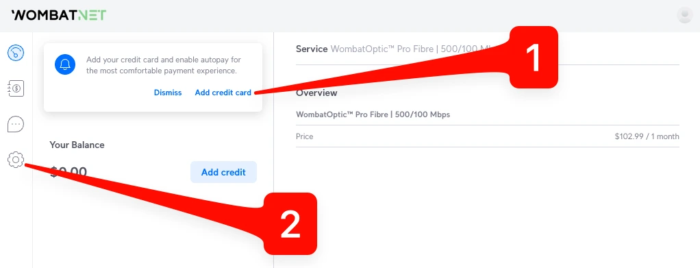 WombatNET Client Zone dashboard showing the add credit card prompt and the settings gear icon on the left.