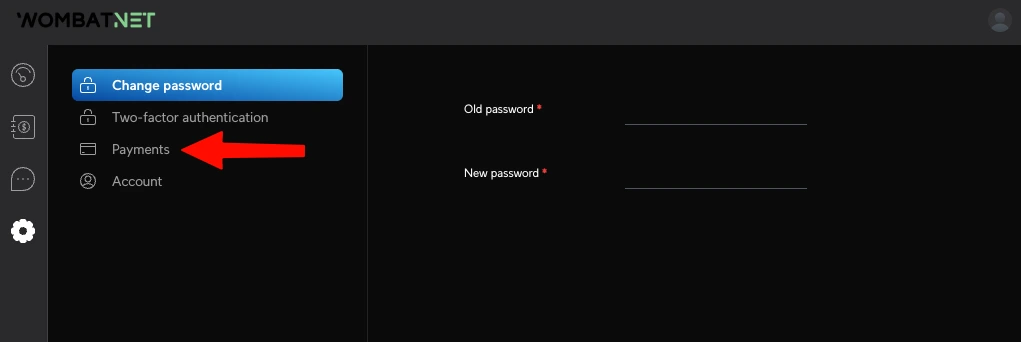 WombatNET Client Zone settings menu with the Payments option highlighted.