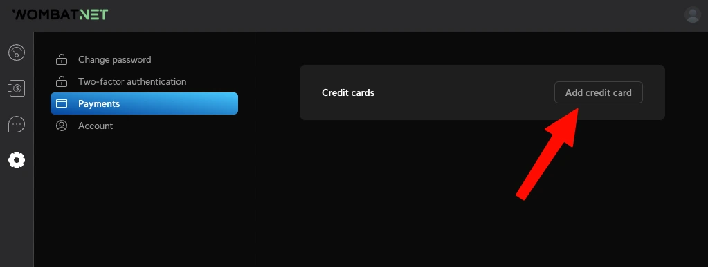 WombatNET Payments page showing the Add credit card button.