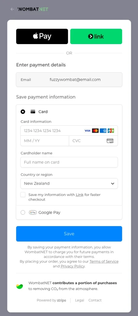 WombatNET card entry form with fields for card number, expiry and CVC, plus a Save button.